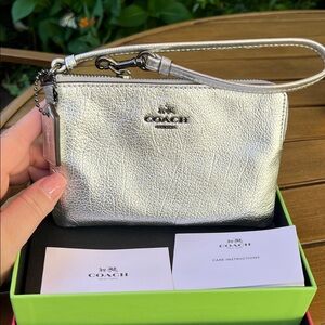 COACH Silver Metallic Leather Wristlet Clutch